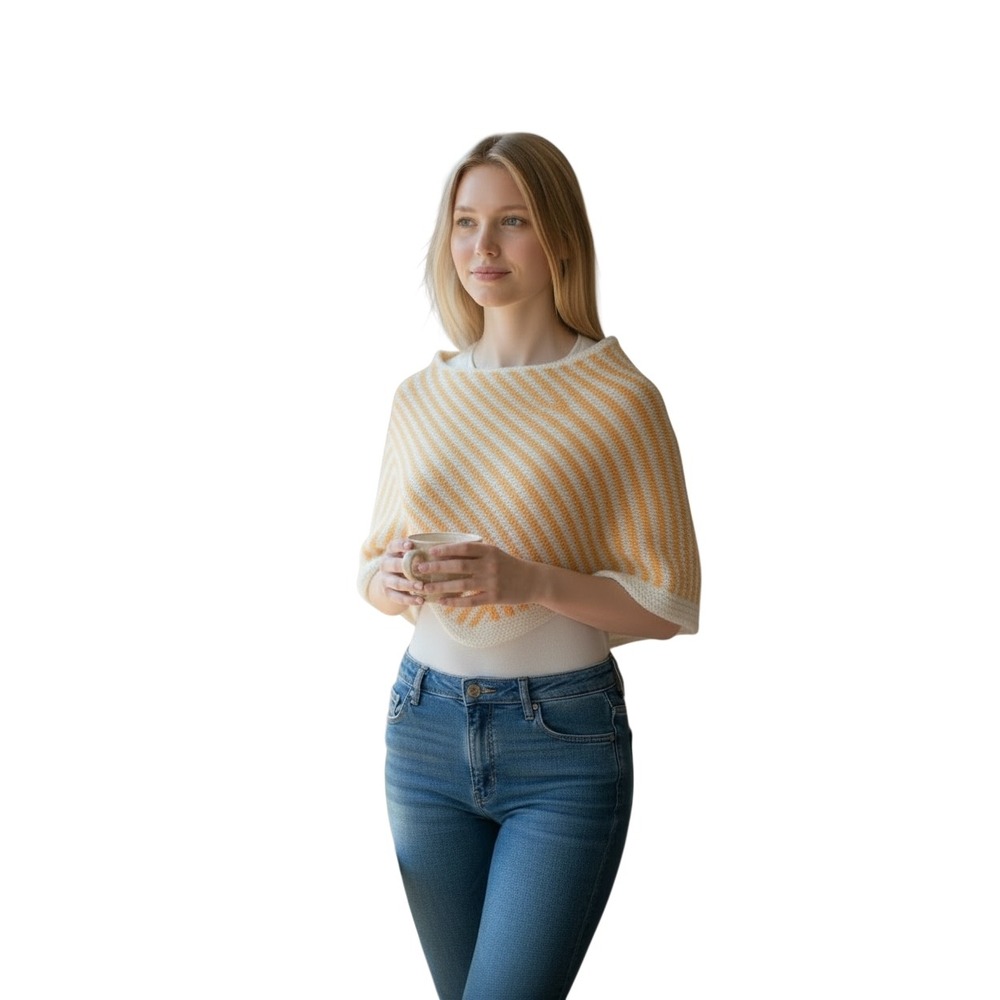 Handmade Knit Striped Poncho Wrap Yellow Lavender White Capelet One Size